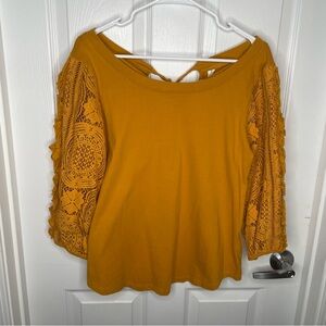 Anthropologie Crochet Lace Ruffle Puffy Sleeve Top Career in Mustard Yellow L